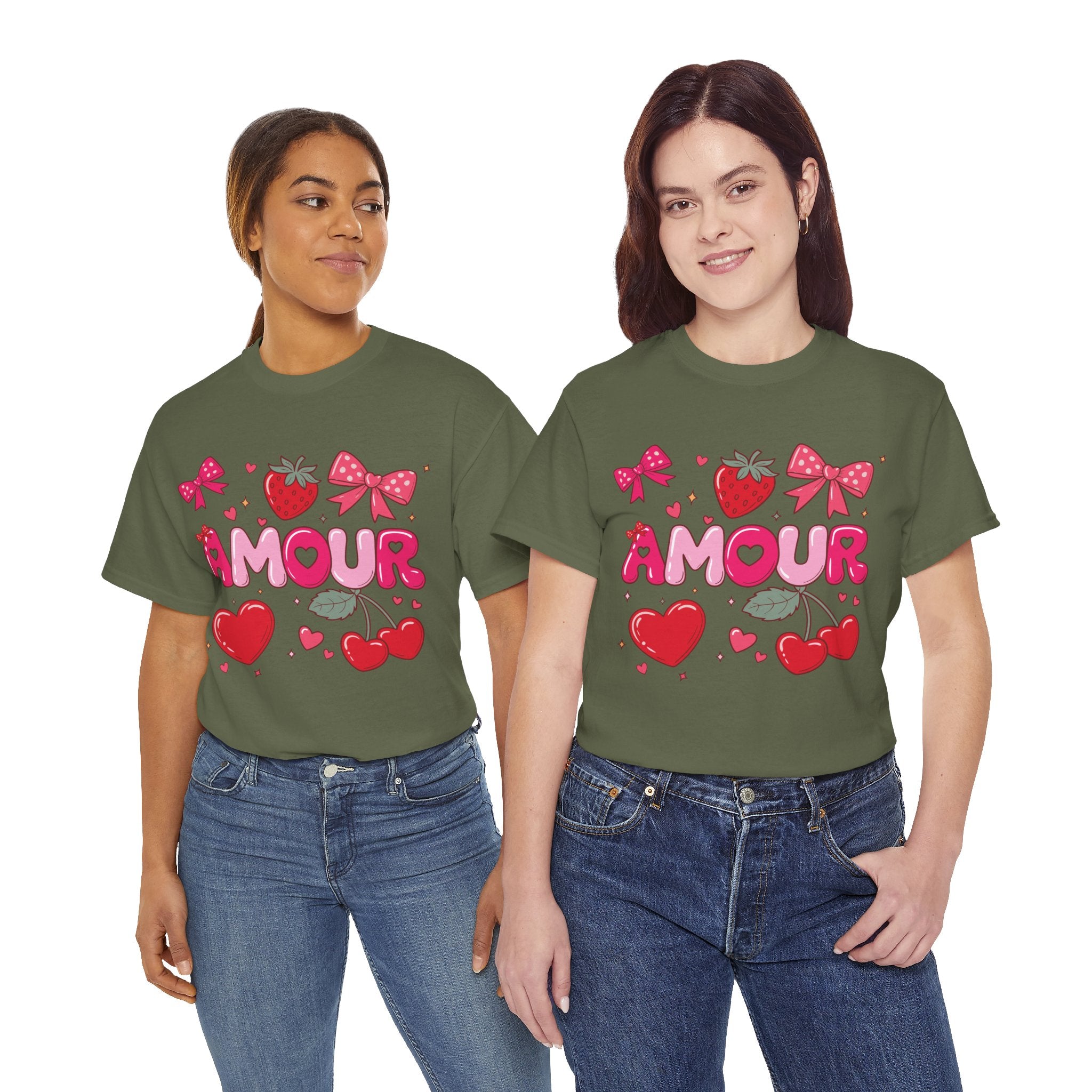 Amour Pink Hearts Tee — Shiny Lettering with Bows, Cherries & Strawberry Accent...Unisex Cotton Tee