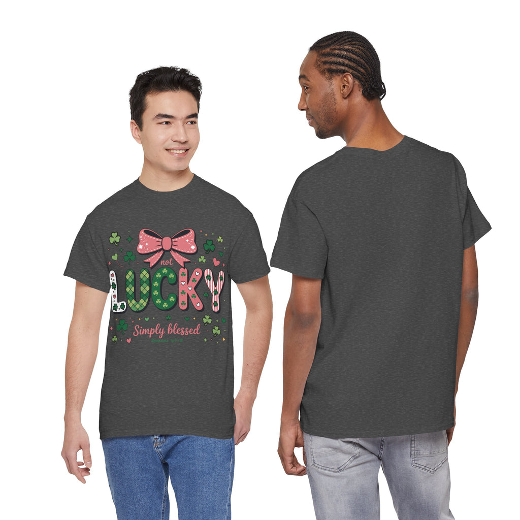 Simply Blessed Tee — “Not Lucky, Simply Blessed” with Pastel Bow, Clovers & Romans 4:7-8 Unisex Cotton Tee