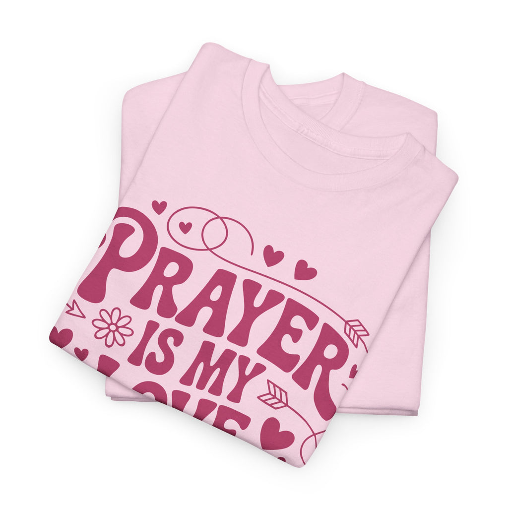 Prayer Is My Love Language Christian Tee — Pastel Pink Hearts Unisex Cotton Tee