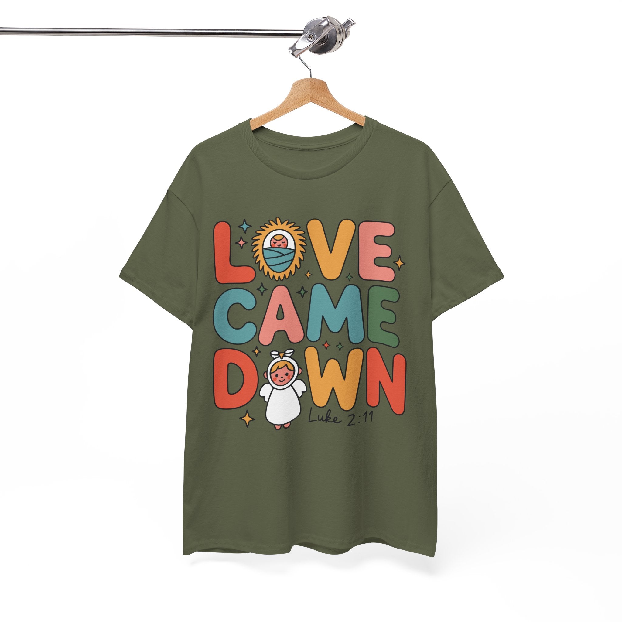 Love Came Down Christmas Tee — Baby Jesus Manger Angel (Luke 2:11)..Unisex Cotton Tee