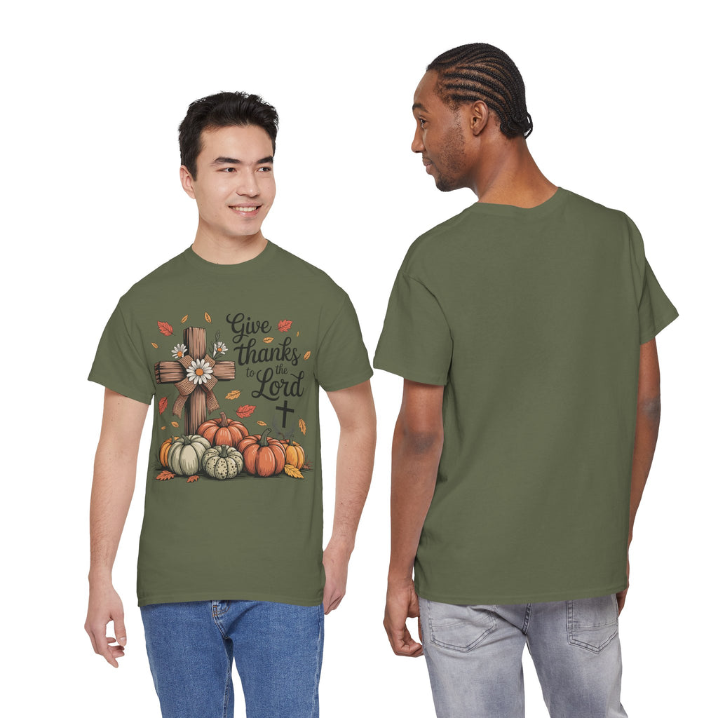 Give Thanks to the Lord Autumn Tee — Wooden Cross, Pumpkins & Daisies..Unisex Cotton Tee