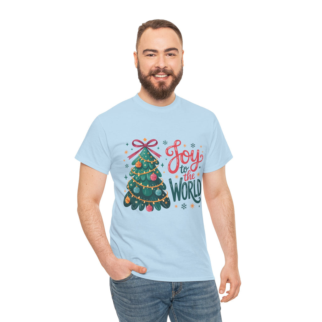Joy to the World Christmas Tee — Festive Tree with Pink Bow..Unisex Cotton Tee