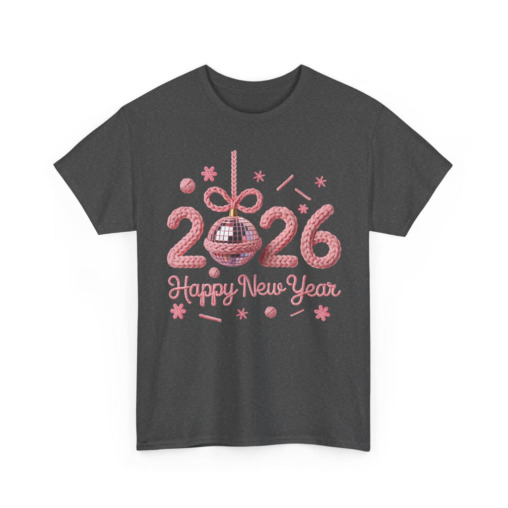 2026 Happy New Year Pink Knitted Disco Ball Unisex Cotton Tee