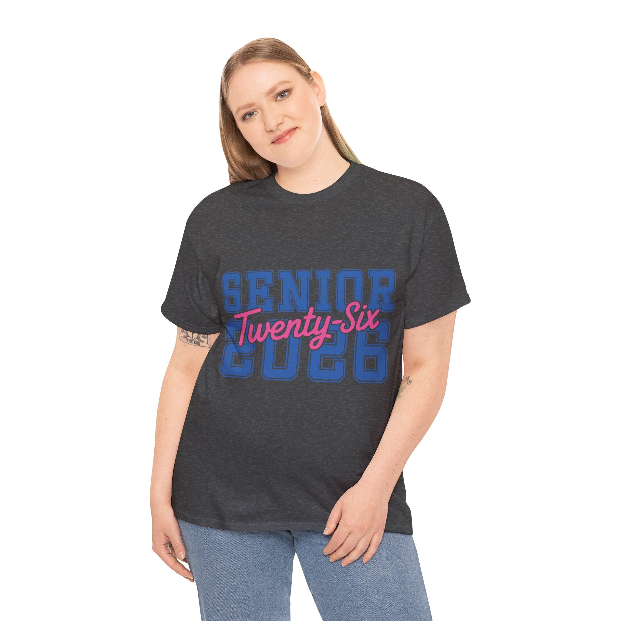 Senior 2026 Tee — Pink Varsity Block with Blue Script Overlay Unisex Cotton Tee