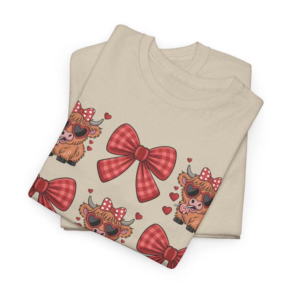 Valentine Cow Checkered Tee — Fluffy Cows with Heart Sunglasses & Red Bows..Unisex Cotton Tee