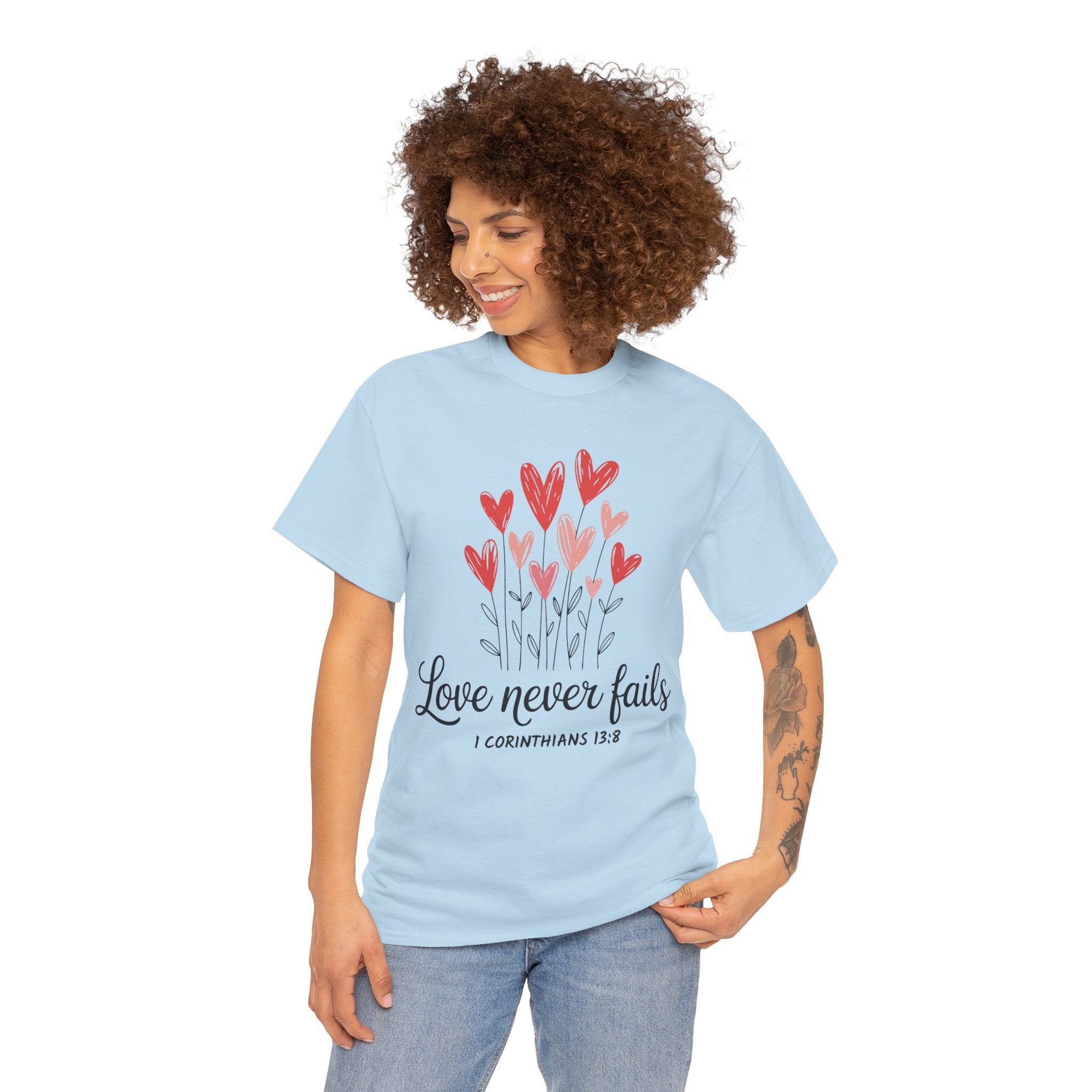 Christian Valentine T-Shirt — "Love Never Fails" (1 Corinthians 13:8) Unisex Cotton Tee