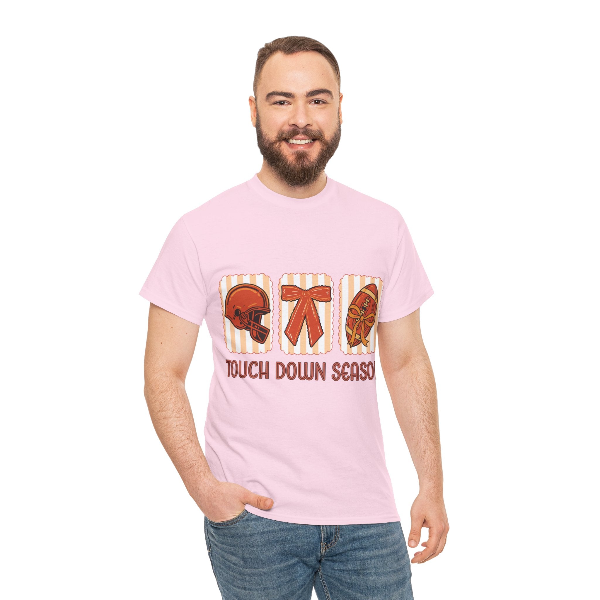 Touch Down Season Football Tee — Striped Fall Helmet & Bow Design Unisex Cotton Tee