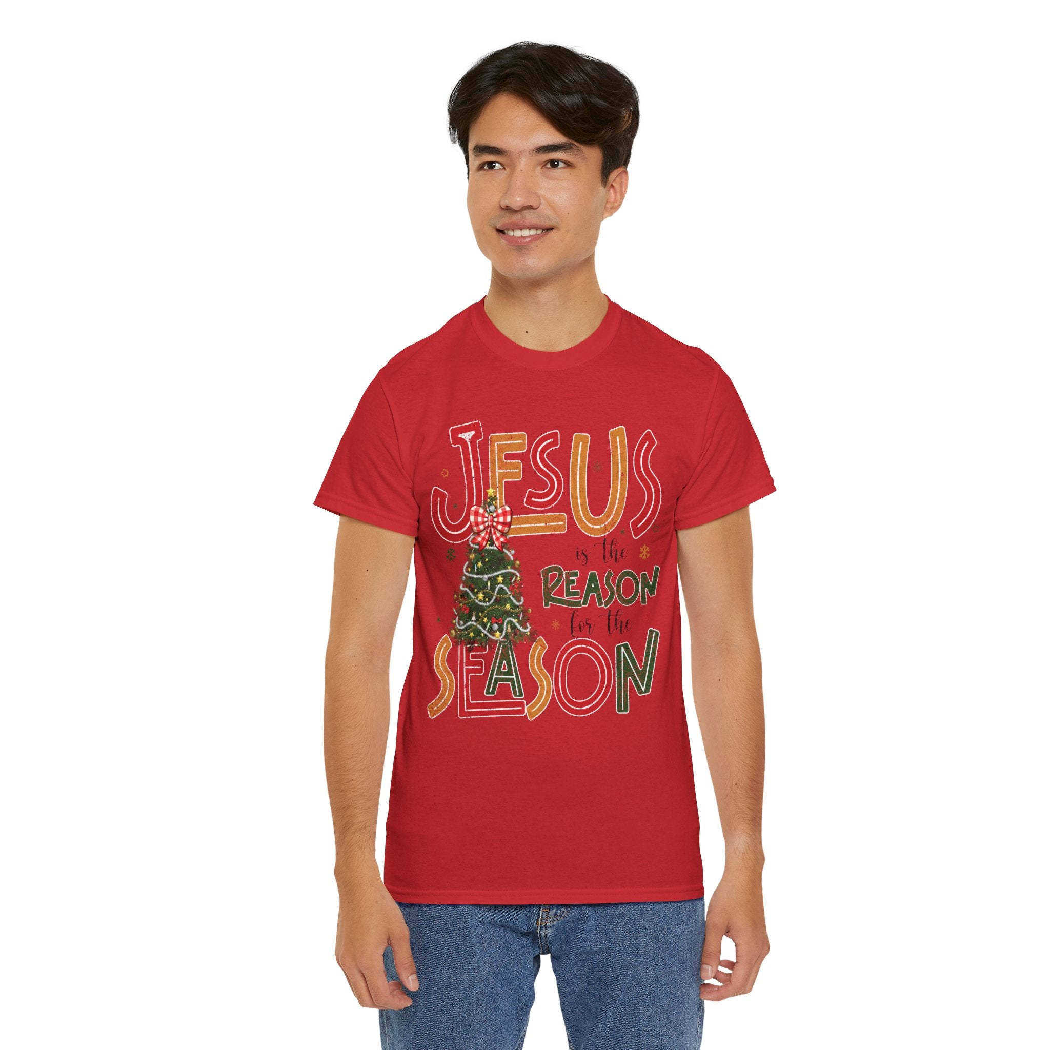 Jesus Is the Reason for the Season Christmas T-Shirt — Plaid Bow Tree..Unisex Cotton Tee