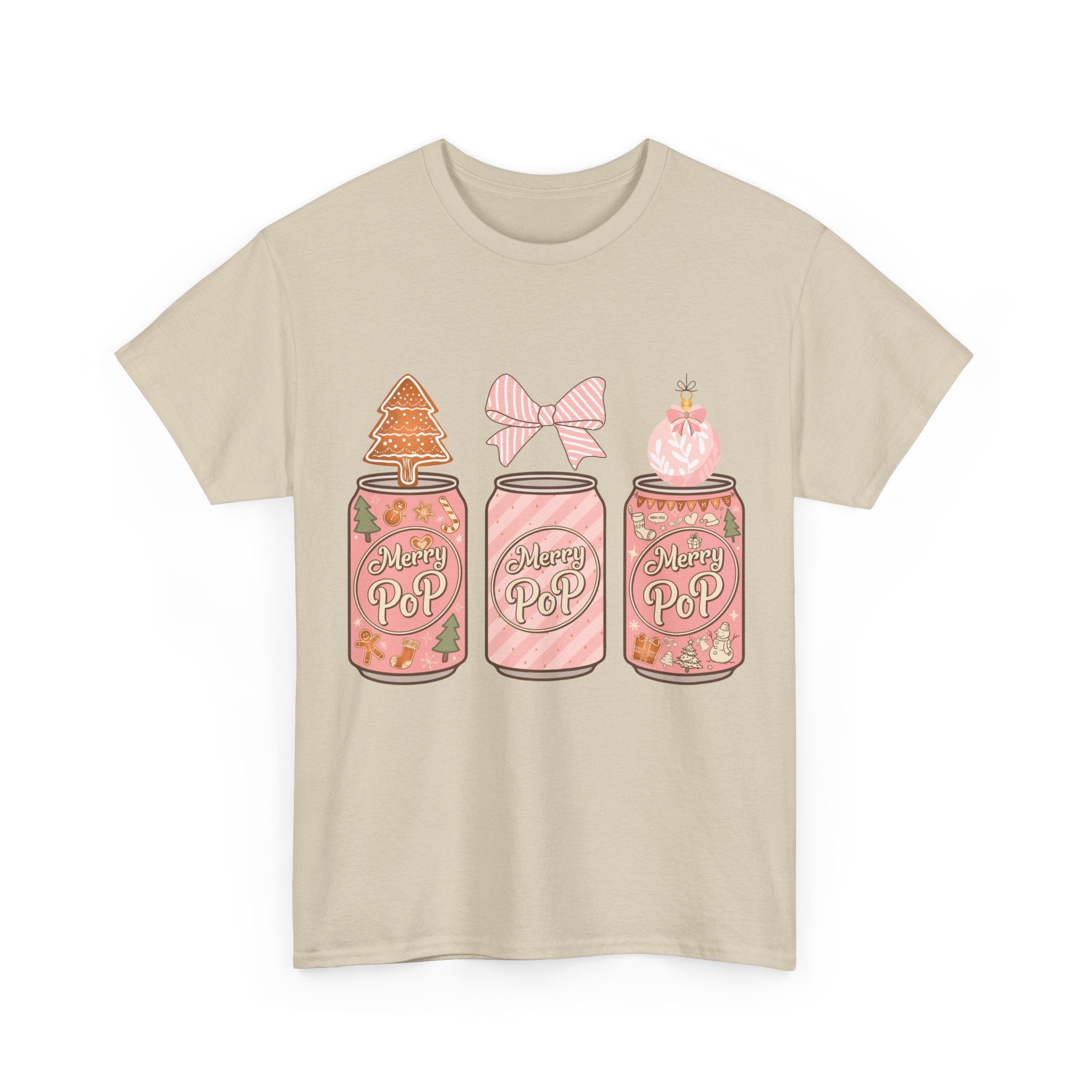 Merry Pop Christmas Soda Can Tee — Pastel Holiday Graphic Unisex Cotton T-Shirt