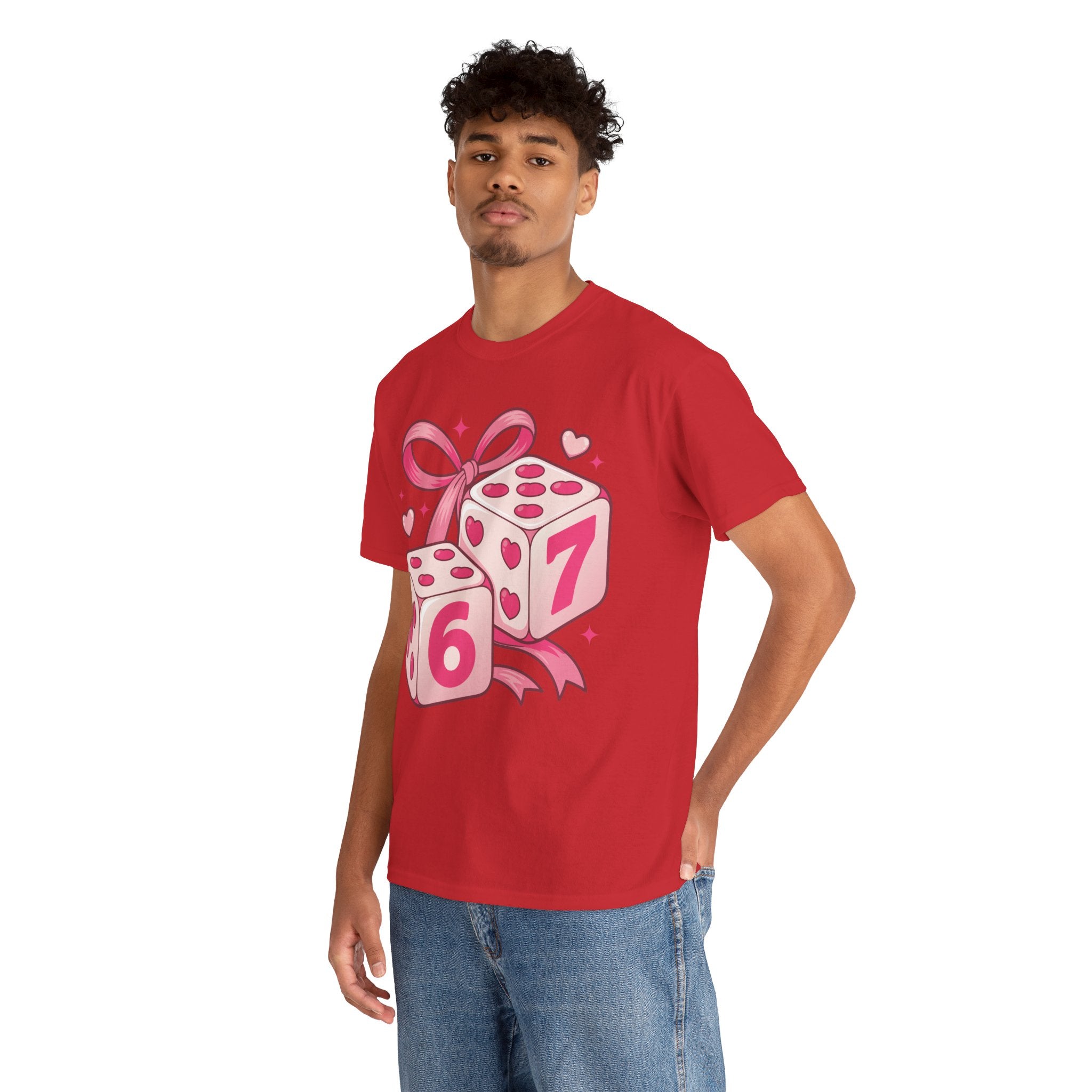 Lucky Love Dice T-Shirt — Pink Heart Dice with Bow..Unisex Cotton Tee
