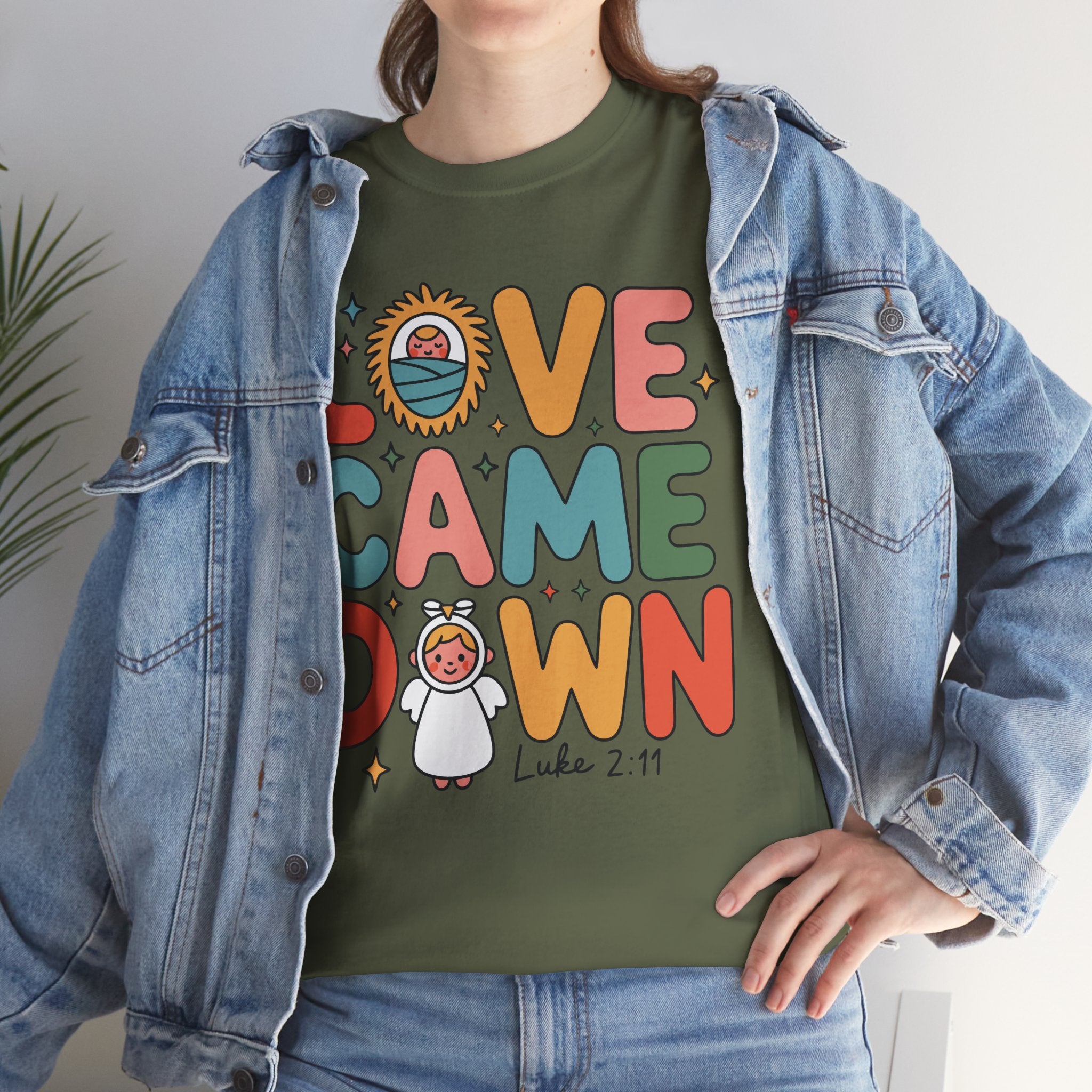 Love Came Down Christmas Tee — Baby Jesus Manger Angel (Luke 2:11)..Unisex Cotton Tee