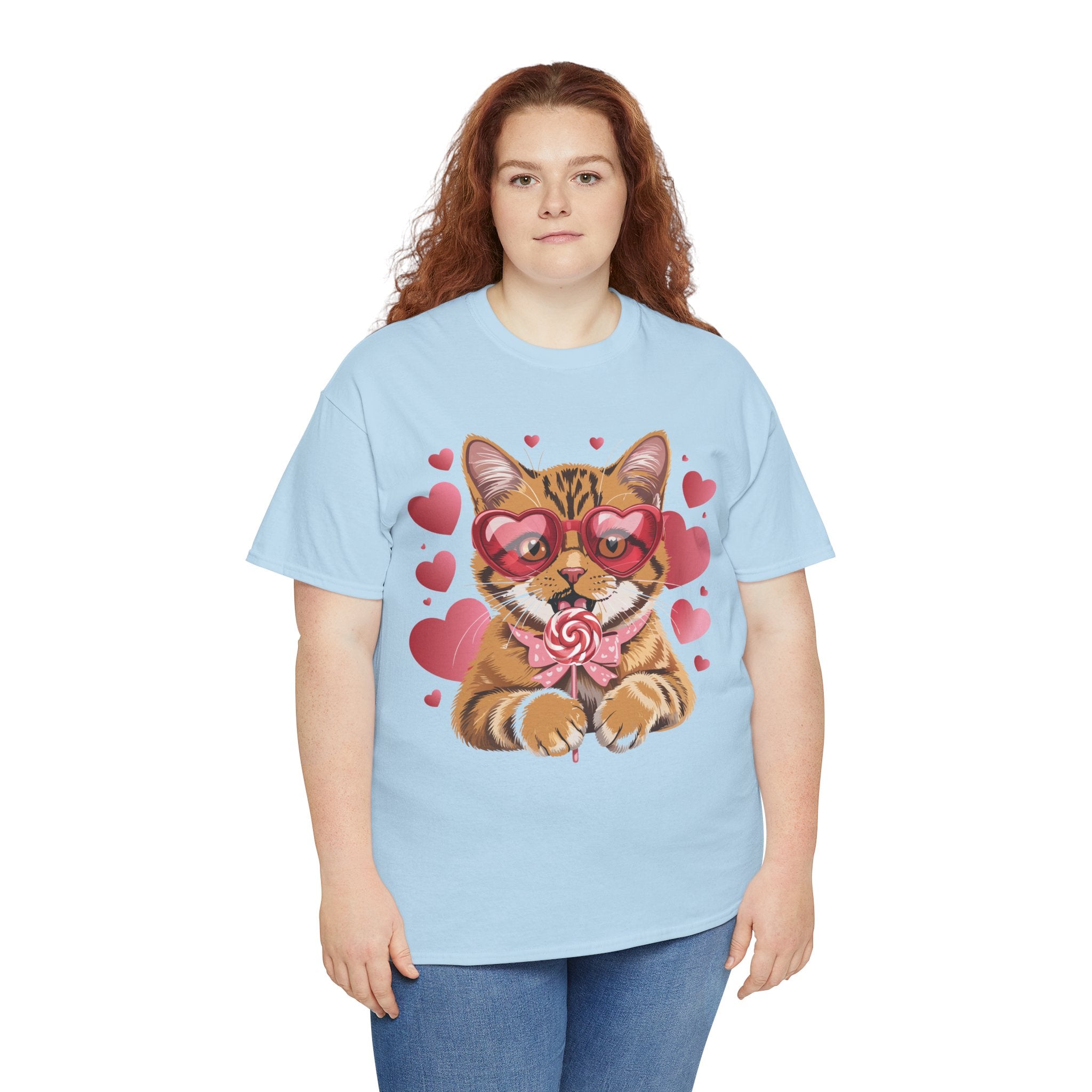 Valentine Cat Tee — Heart Glasses, Lollipop Bow Unisex Cotton Tee