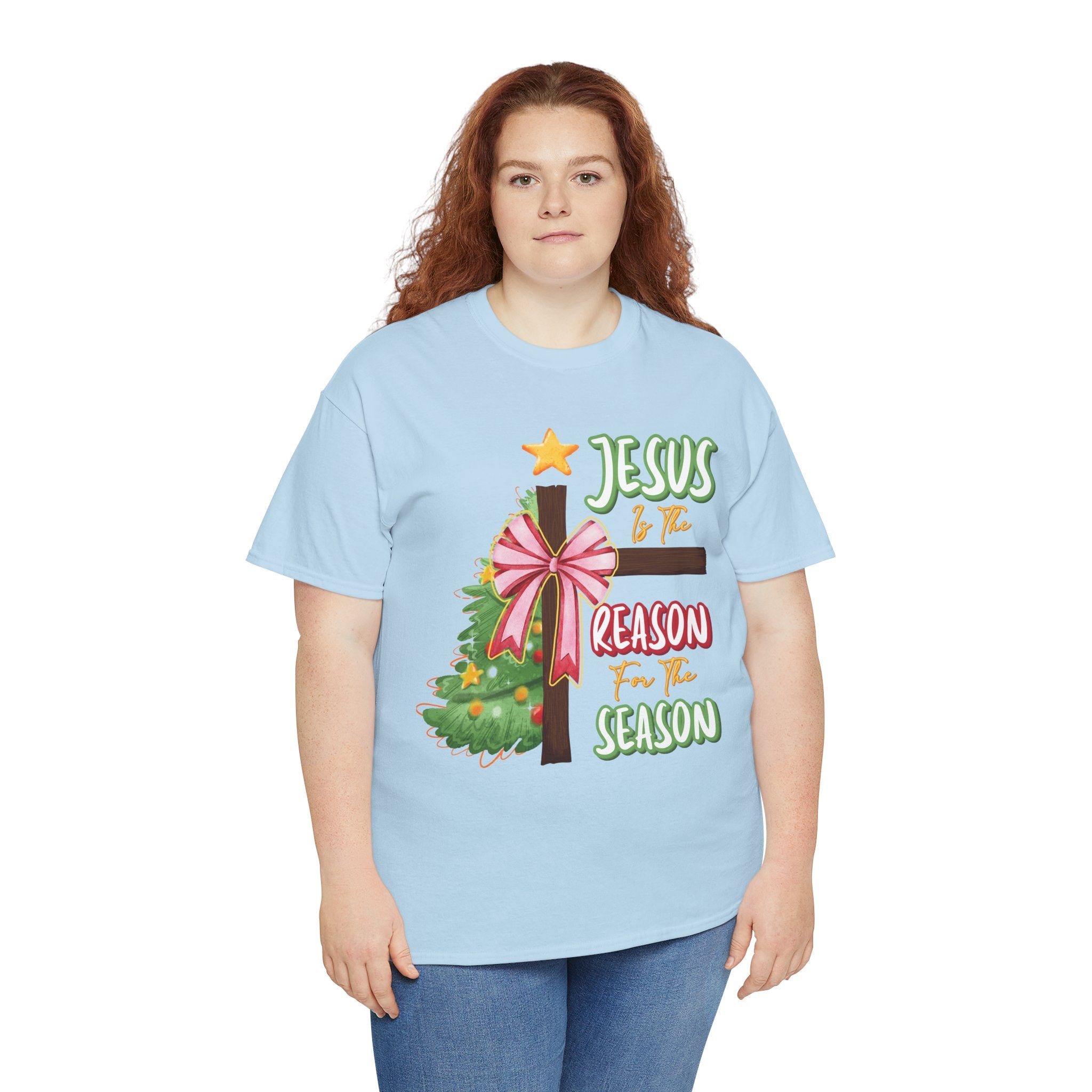 Jesus Is the Reason for the Season Christmas Tee — Cross with Pink Bow & Tree. Unisex Cotton Tee