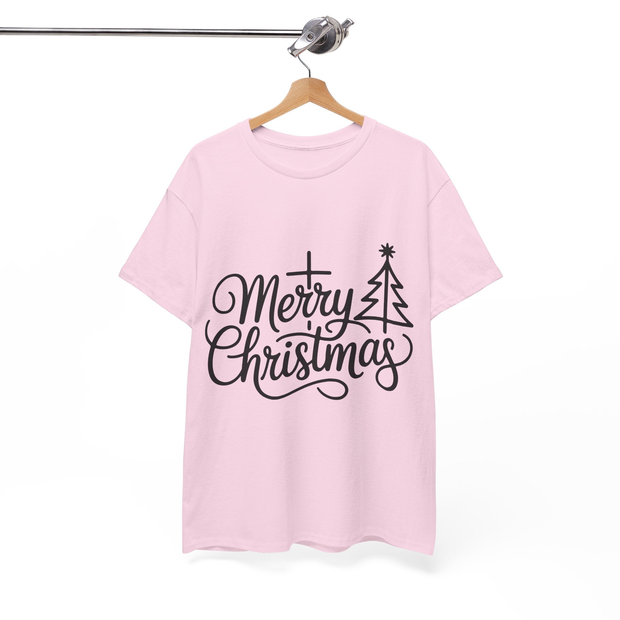 Merry Christmas Script T-Shirt with Cross & Tree(Unisex Cotton Tee)