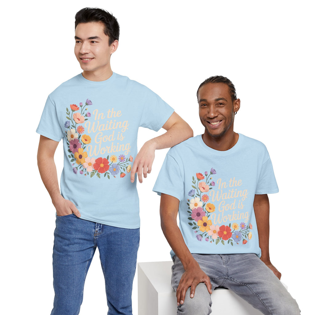 Pastel Floral “In the Waiting God Is Working” Unisex Cotton T-Shirt