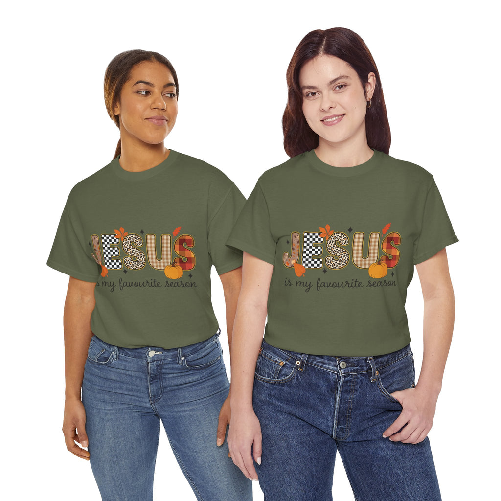 Jesus Is My Favorite Season Tee — Autumn Plaid & Leopard Lettering Unisex Cotton Tee