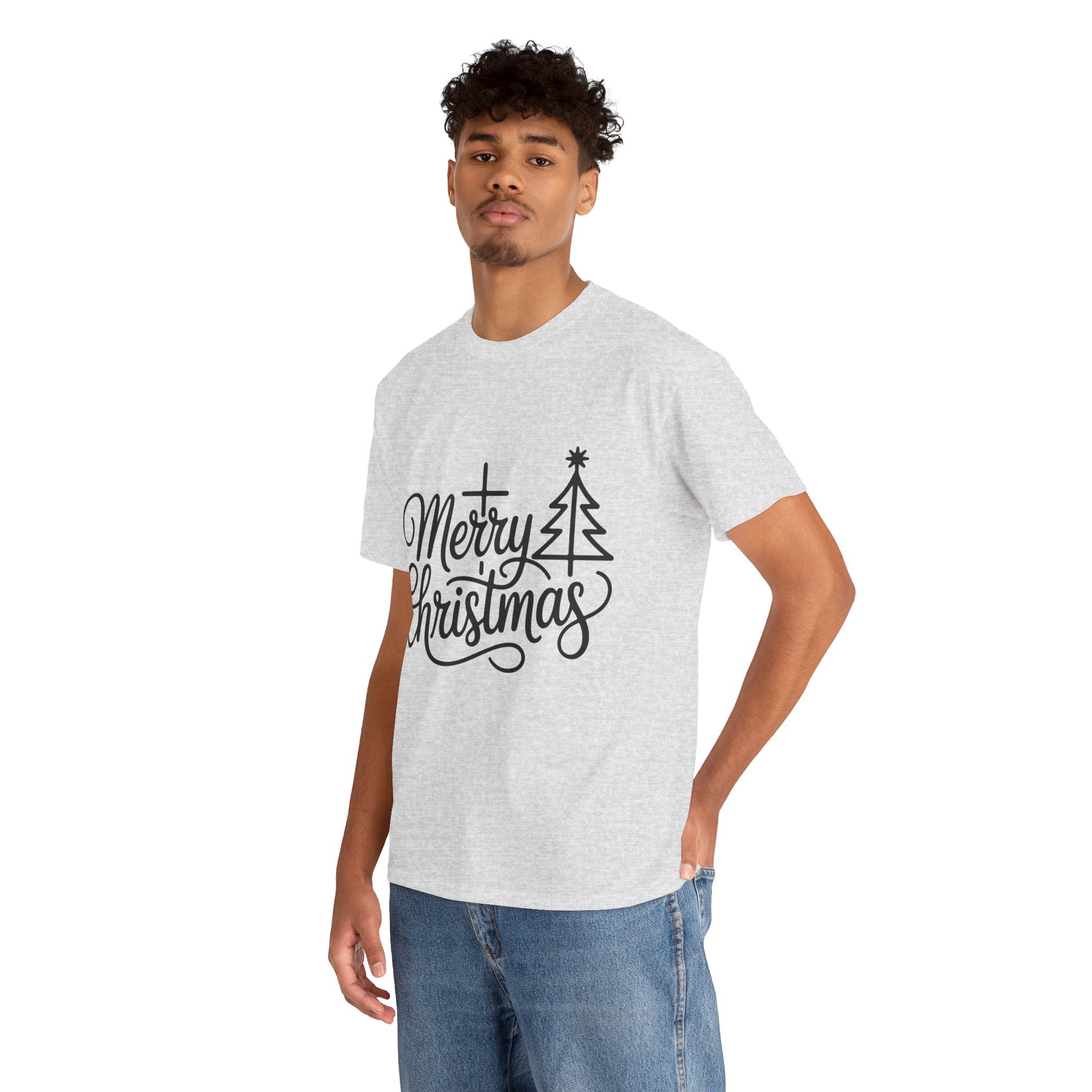 Merry Christmas Script T-Shirt with Cross & Tree(Unisex Cotton Tee)