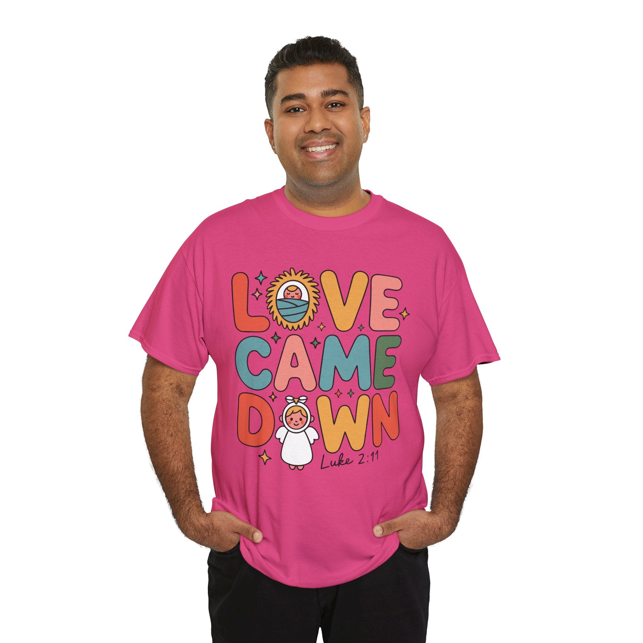 Love Came Down Christmas Tee — Baby Jesus Manger Angel (Luke 2:11)..Unisex Cotton Tee