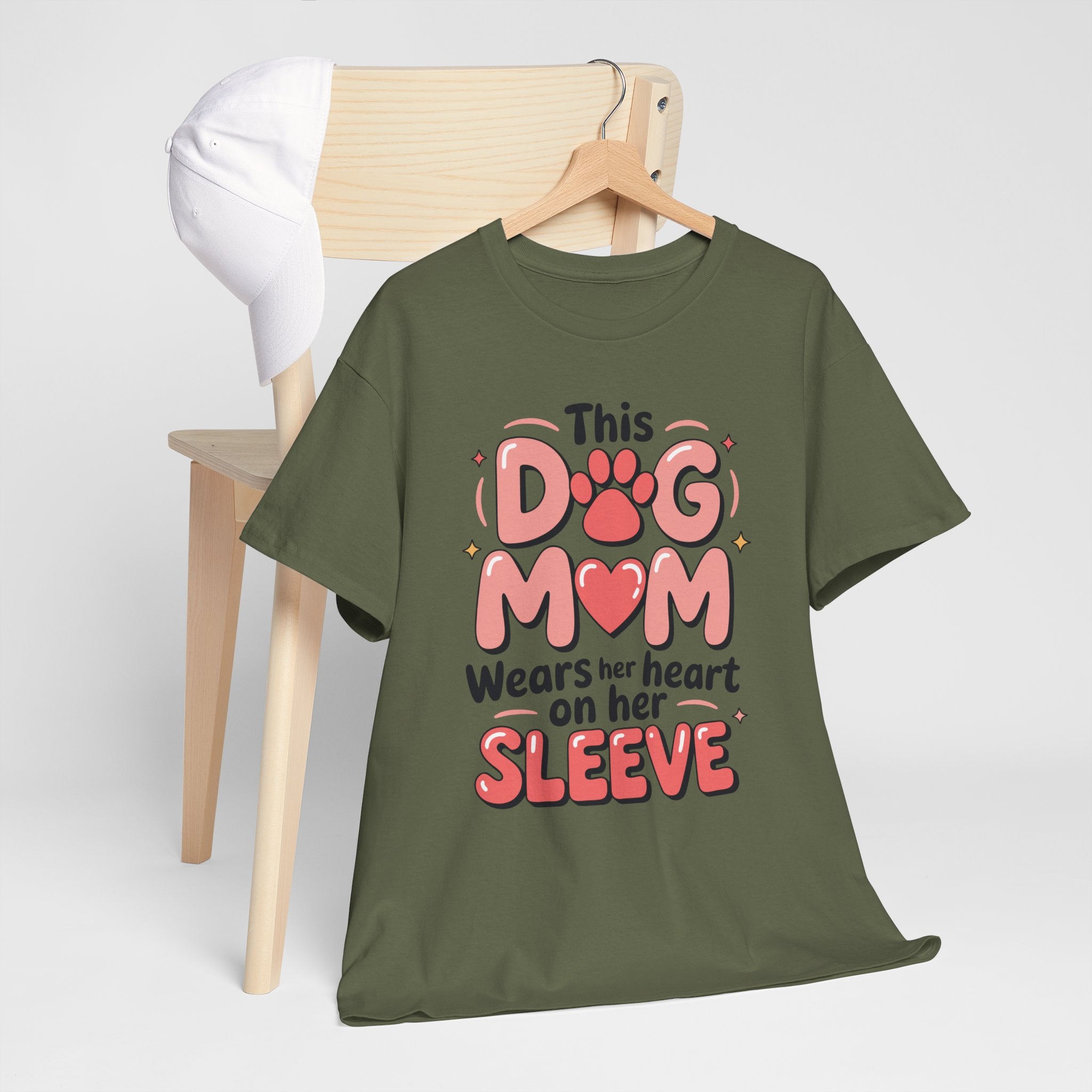 Dog Mom T-Shirt — "This Dog Mom Wears Her Heart on Her Sleeve" Paw & Heart Unisex Cotton Tee