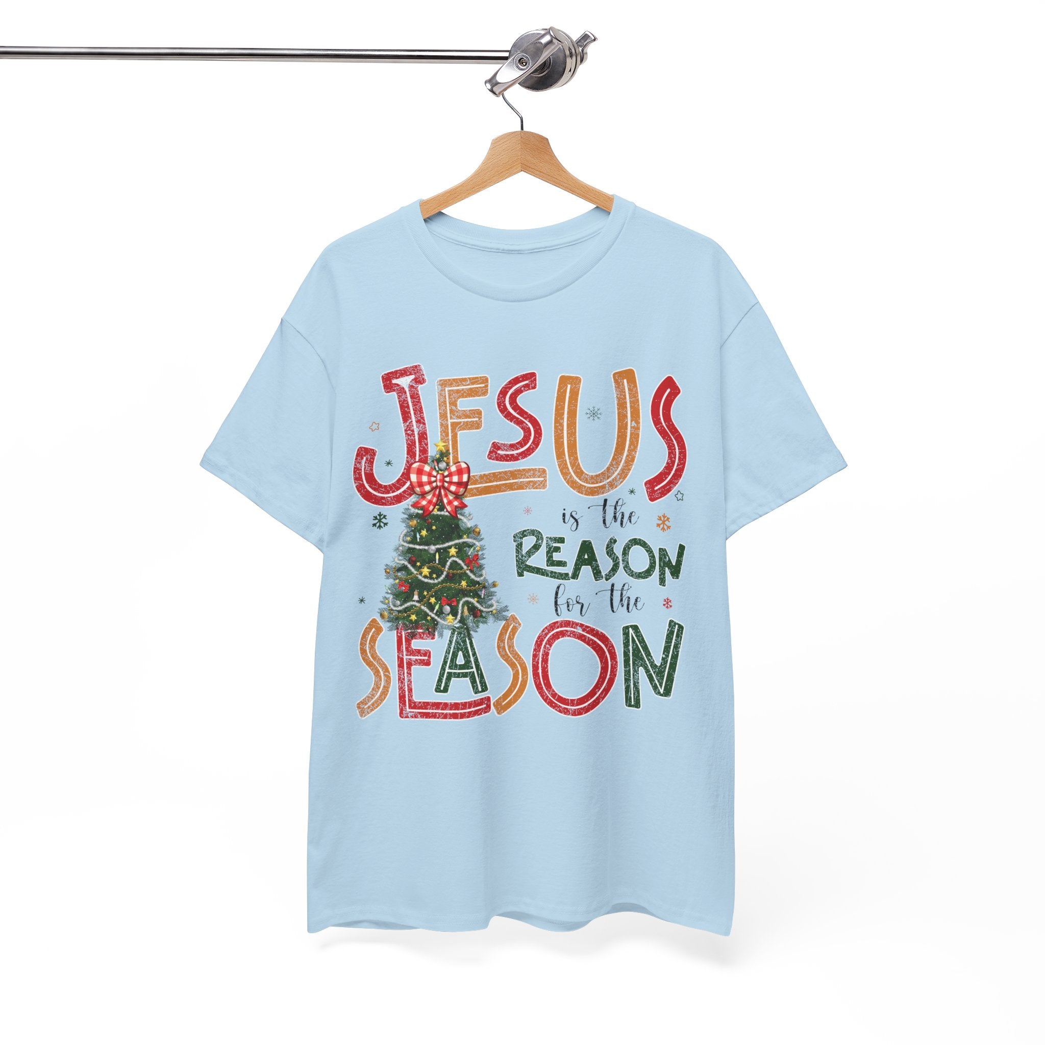 Jesus Is the Reason for the Season Christmas T-Shirt — Plaid Bow Tree..Unisex Cotton Tee