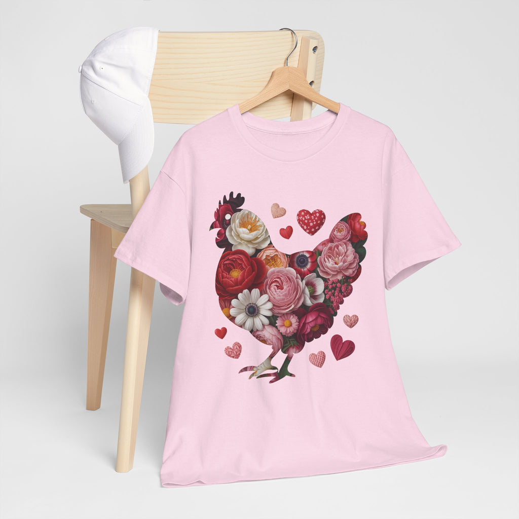 Floral Chicken Heart Tee — Red & Pink Flower Silhouette Unisex Cotton Tee