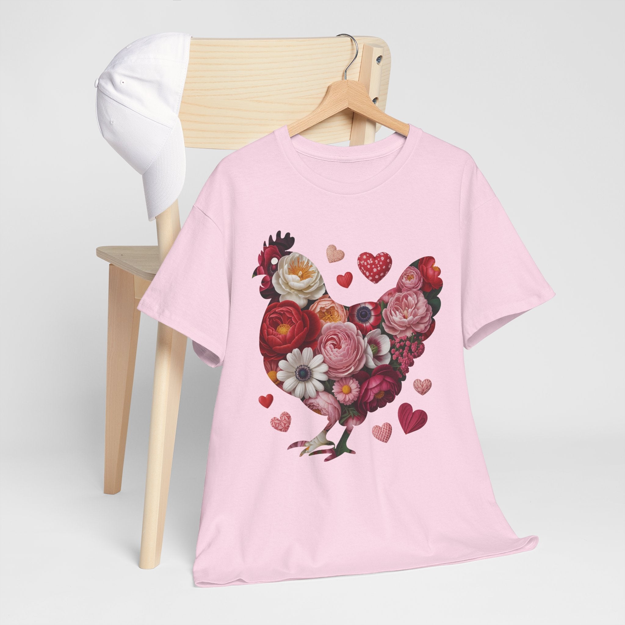 Floral Chicken Heart Tee — Red & Pink Flower Silhouette Unisex Cotton Tee