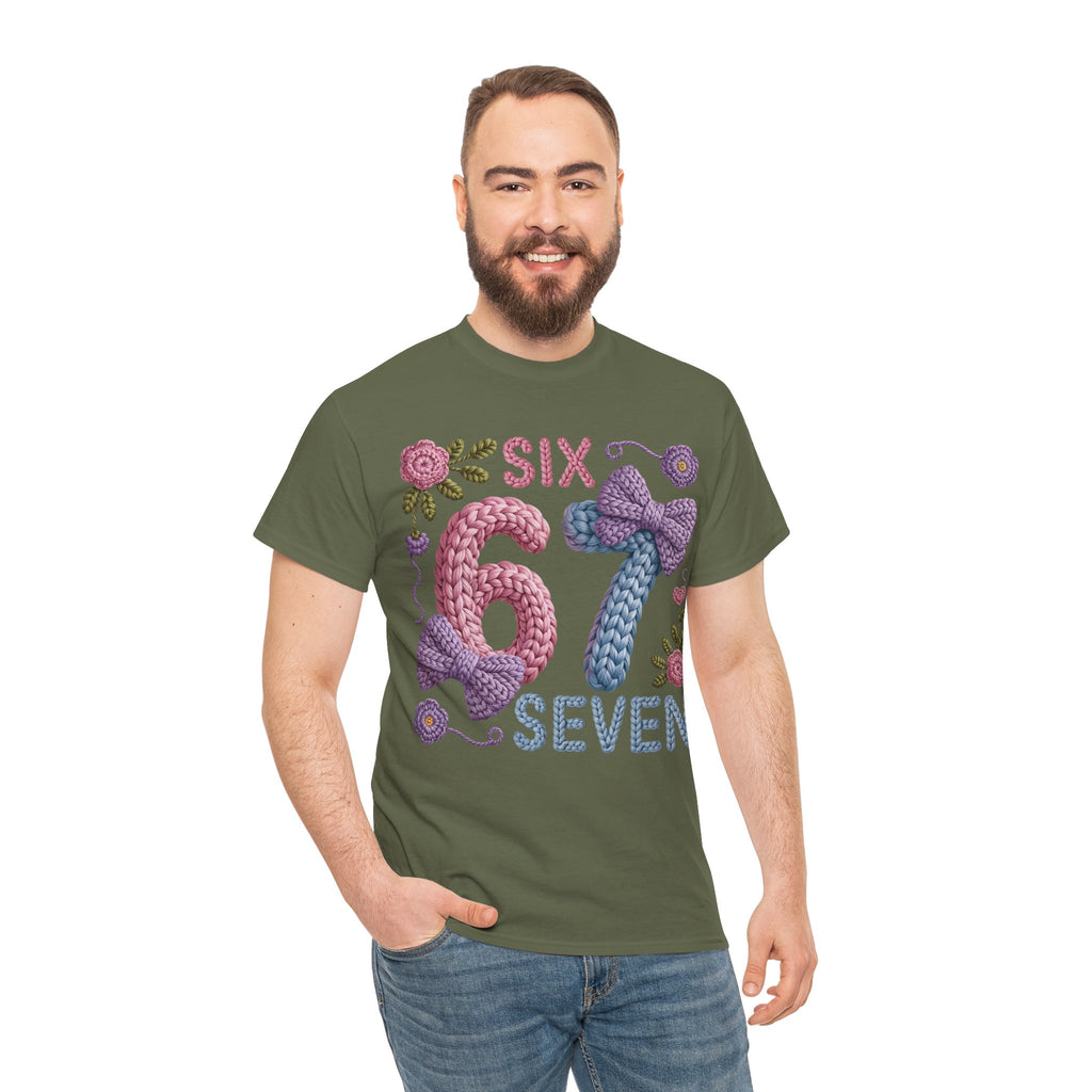 Pastel Crochet Numbers 6 & 7 Tee — Faux-Yarn Bows & Flowers. Unisex Cotton Tee