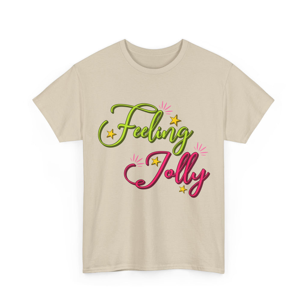Feeling Jolly Tee — Festive Green & Pink Script with Yellow Stars Unisex Cotton Tee