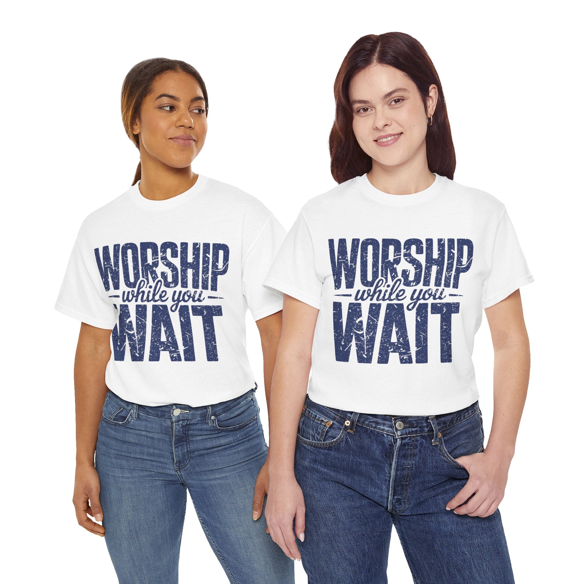 Worship While You Wait T‑Shirt — Distressed Pastel Blue Faith Unisex Cotton Tee