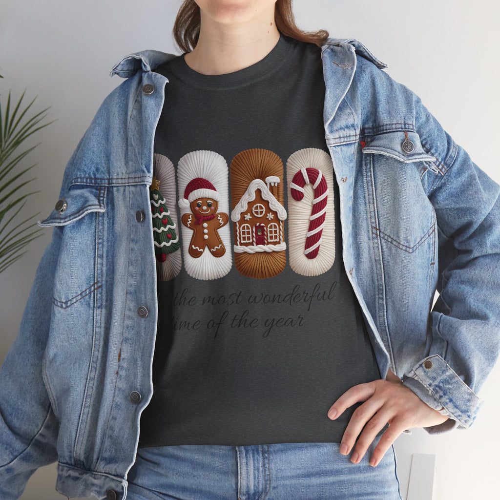 Christmas Faux-Yarn Tree Tee — Gingerbread House & Candy Cane Holiday Unisex Cotton T-Shirt