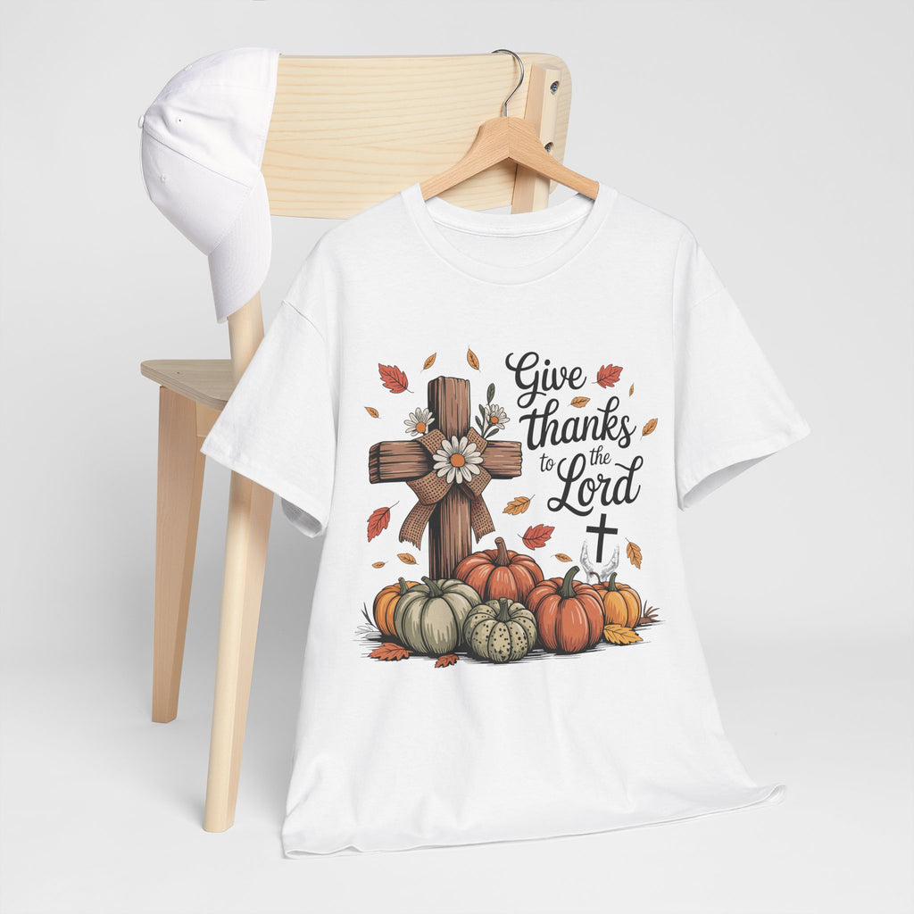 Give Thanks to the Lord Autumn Tee — Wooden Cross, Pumpkins & Daisies..Unisex Cotton Tee