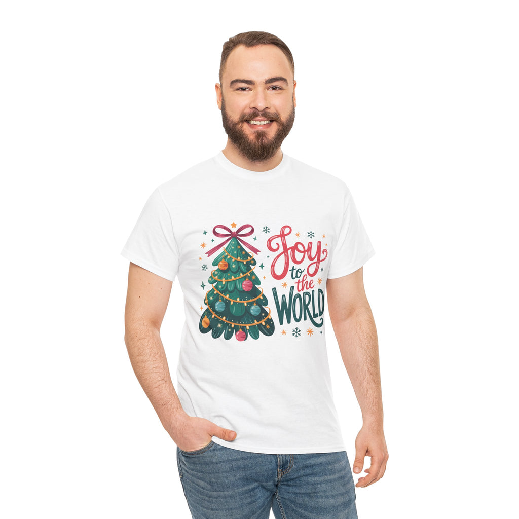 Joy to the World Christmas Tee — Festive Tree with Pink Bow..Unisex Cotton Tee