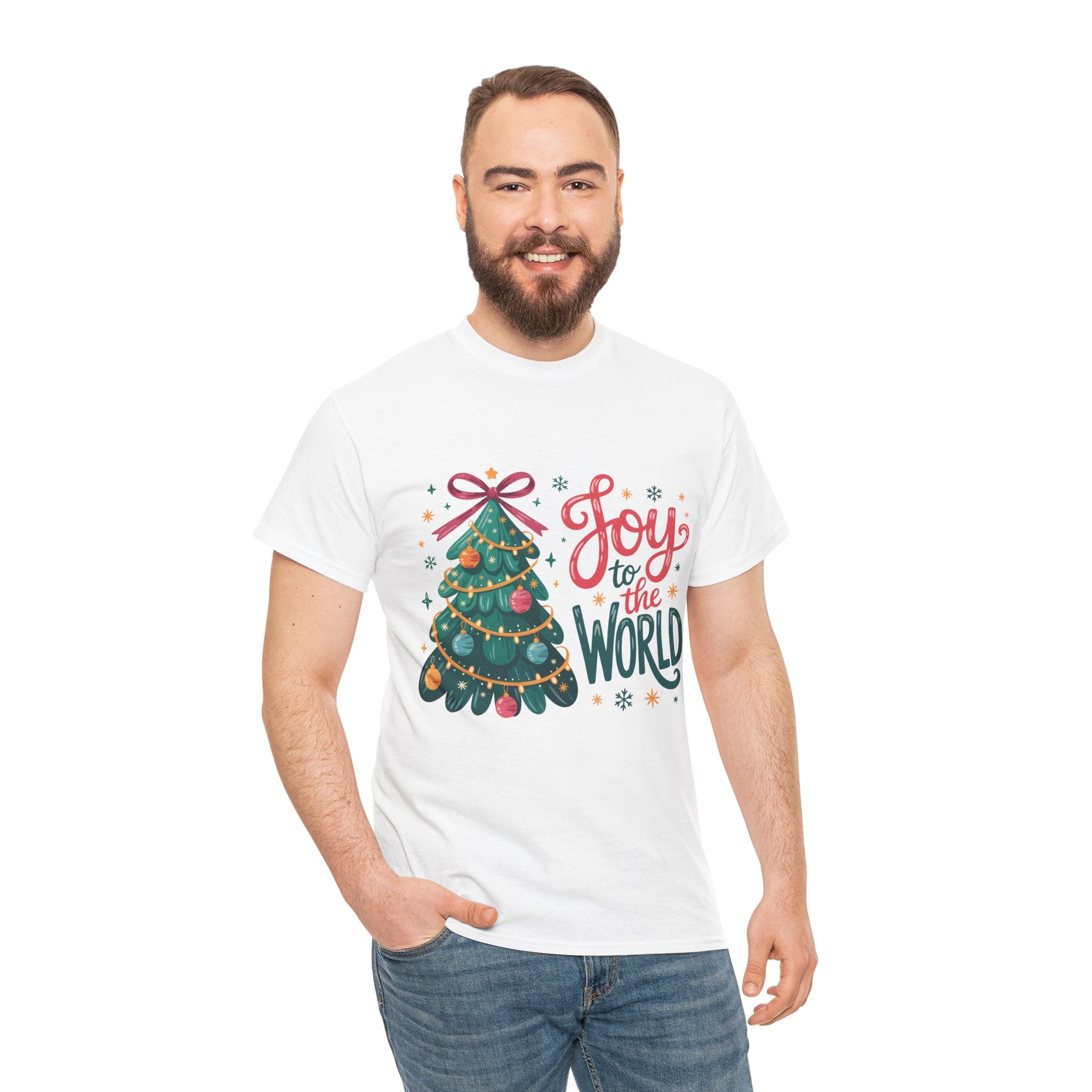 Joy to the World Christmas Tee — Festive Tree with Pink Bow..Unisex Cotton Tee