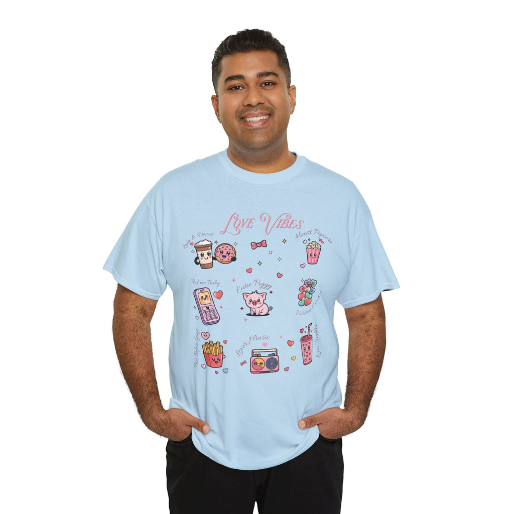 Love Vibes Kawaii Valentine T-Shirt — Cute Donut, Coffee & Piglet Design Unisex Cotton Tee