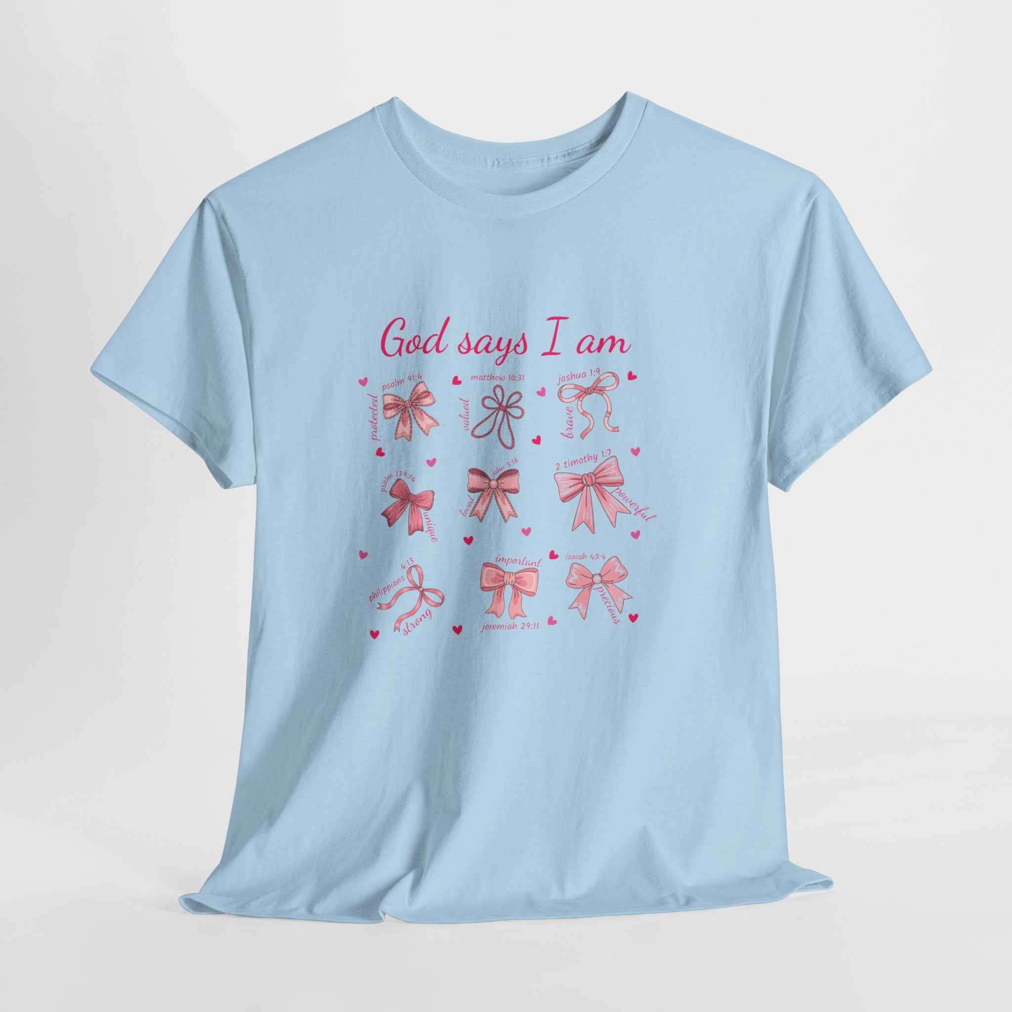 God Says I Am Pink Bow Tee — Faith-Based 'Loved, Brave, Strong' Unisex Cotton Shirt