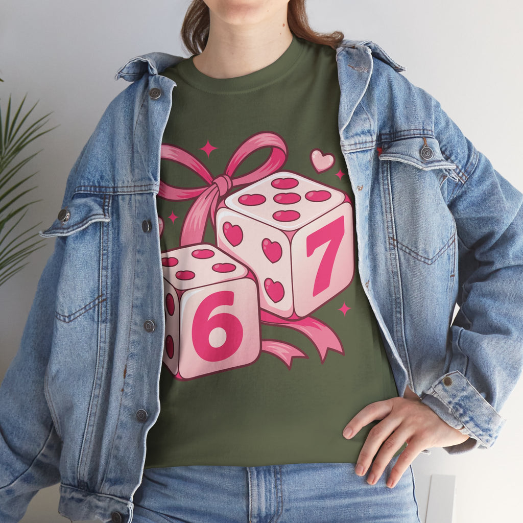 Lucky Love Dice T-Shirt — Pink Heart Dice with Bow..Unisex Cotton Tee