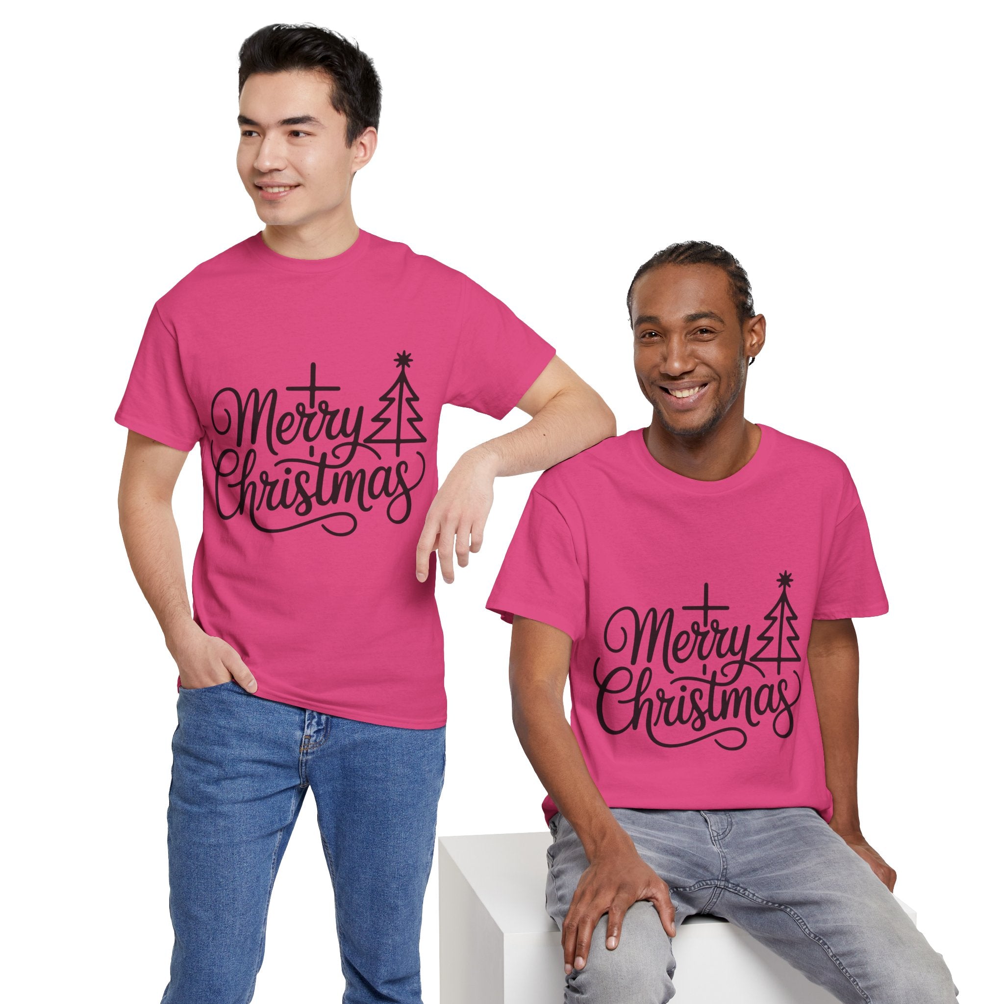 Merry Christmas Script T-Shirt with Cross & Tree(Unisex Cotton Tee)