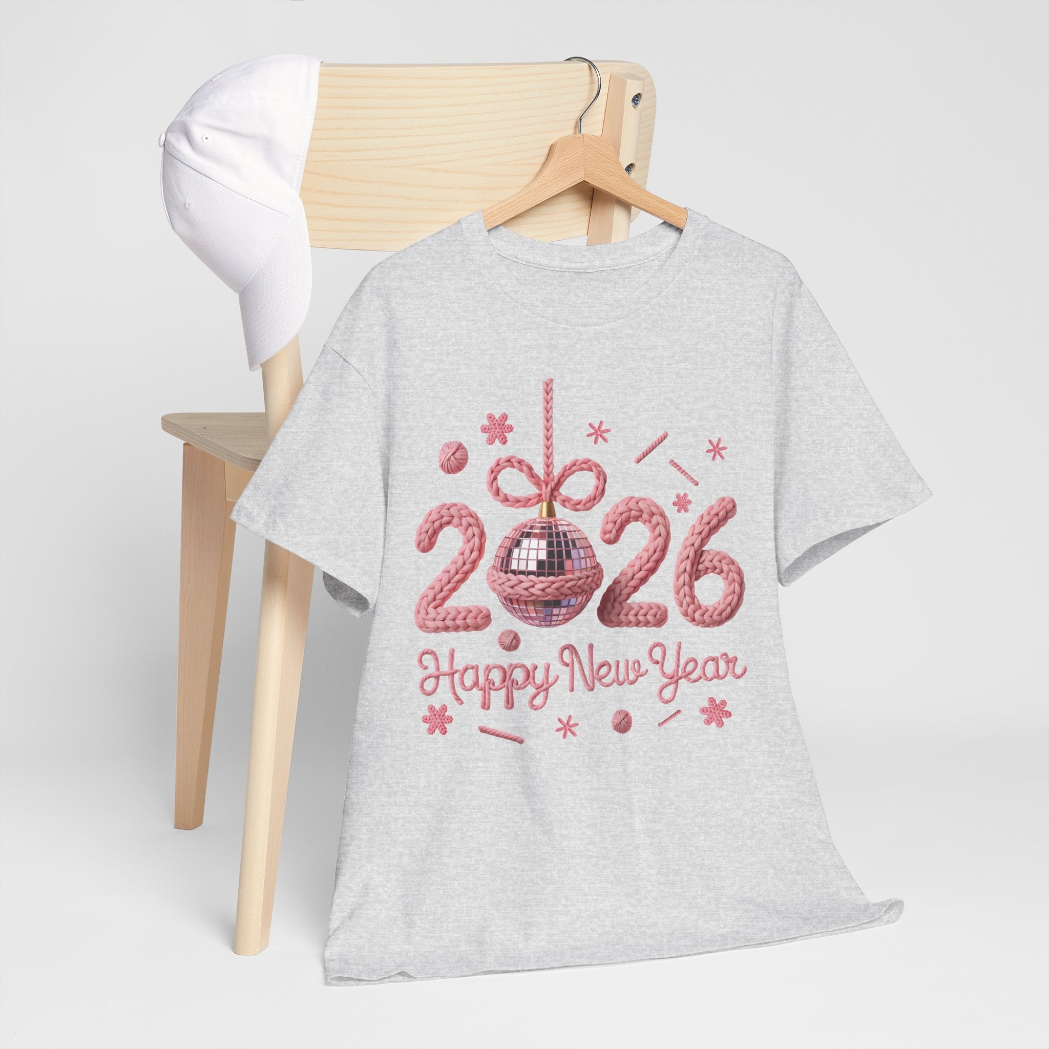 2026 Happy New Year Pink Knitted Disco Ball Unisex Cotton Tee
