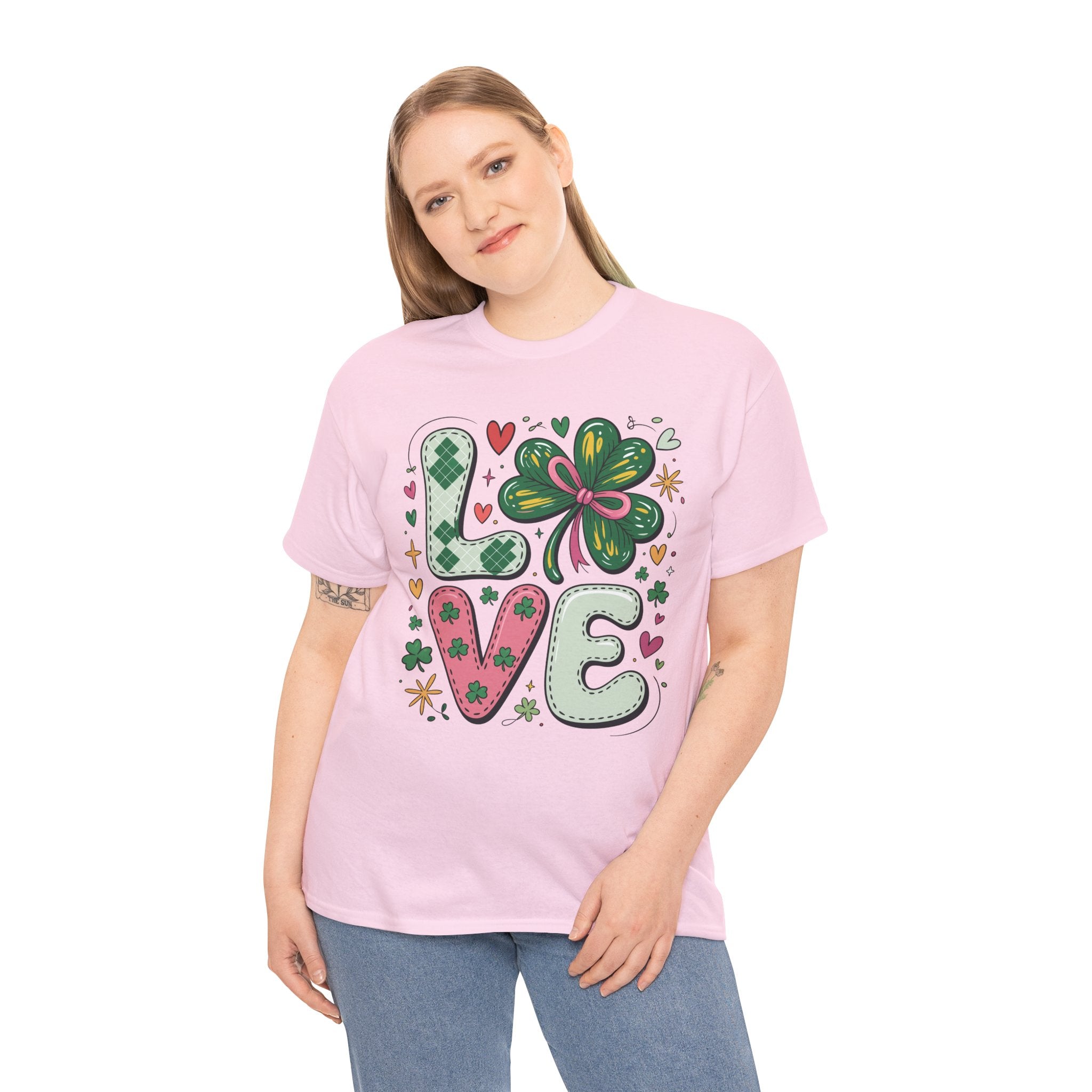 Stitched Clover 'LOVE' Tee — Heart & Patchwork St. Patrick's Unisex Cotton T-Shirt