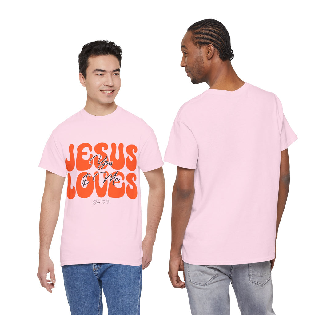 Jesus Loves You & Me Retro Tee — Playful Orange Bubbly Christian Unisex Cotton T-Shirt