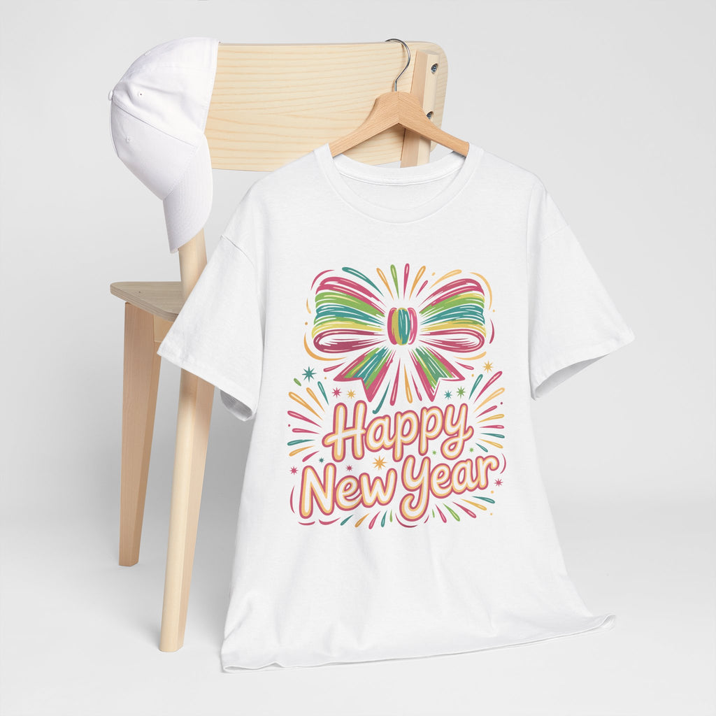 Happy New Year Pastel Tee — Rainbow Bow & Fireworks Celebration Unisex Cotton Tshirt