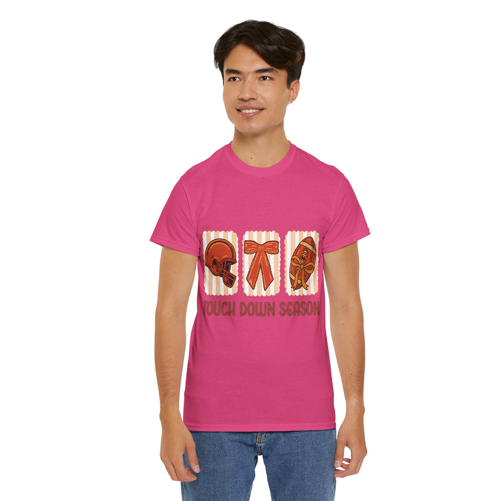 Touch Down Season Football Tee — Striped Fall Helmet & Bow Design Unisex Cotton Tee
