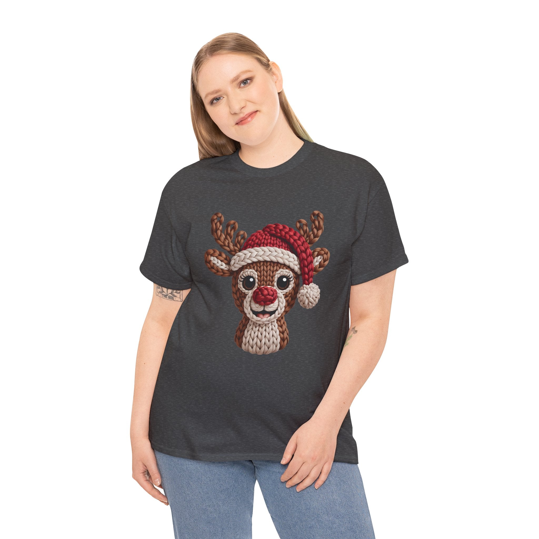 Reindeer in Santa Hat Cotton Tee — Joyful Faux-Yarn Holiday Unisex Coton T-Shirt