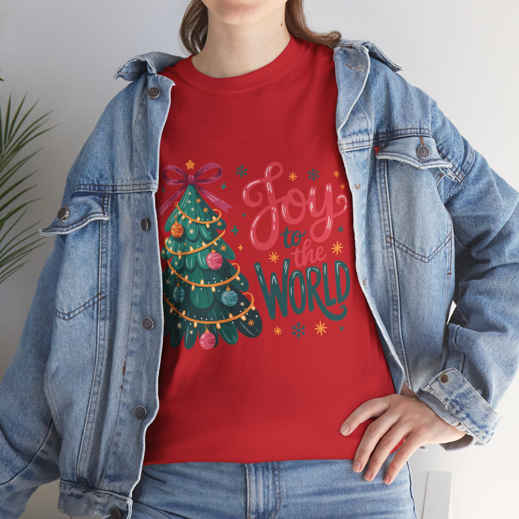 Joy to the World Christmas Tee — Festive Tree with Pink Bow..Unisex Cotton Tee
