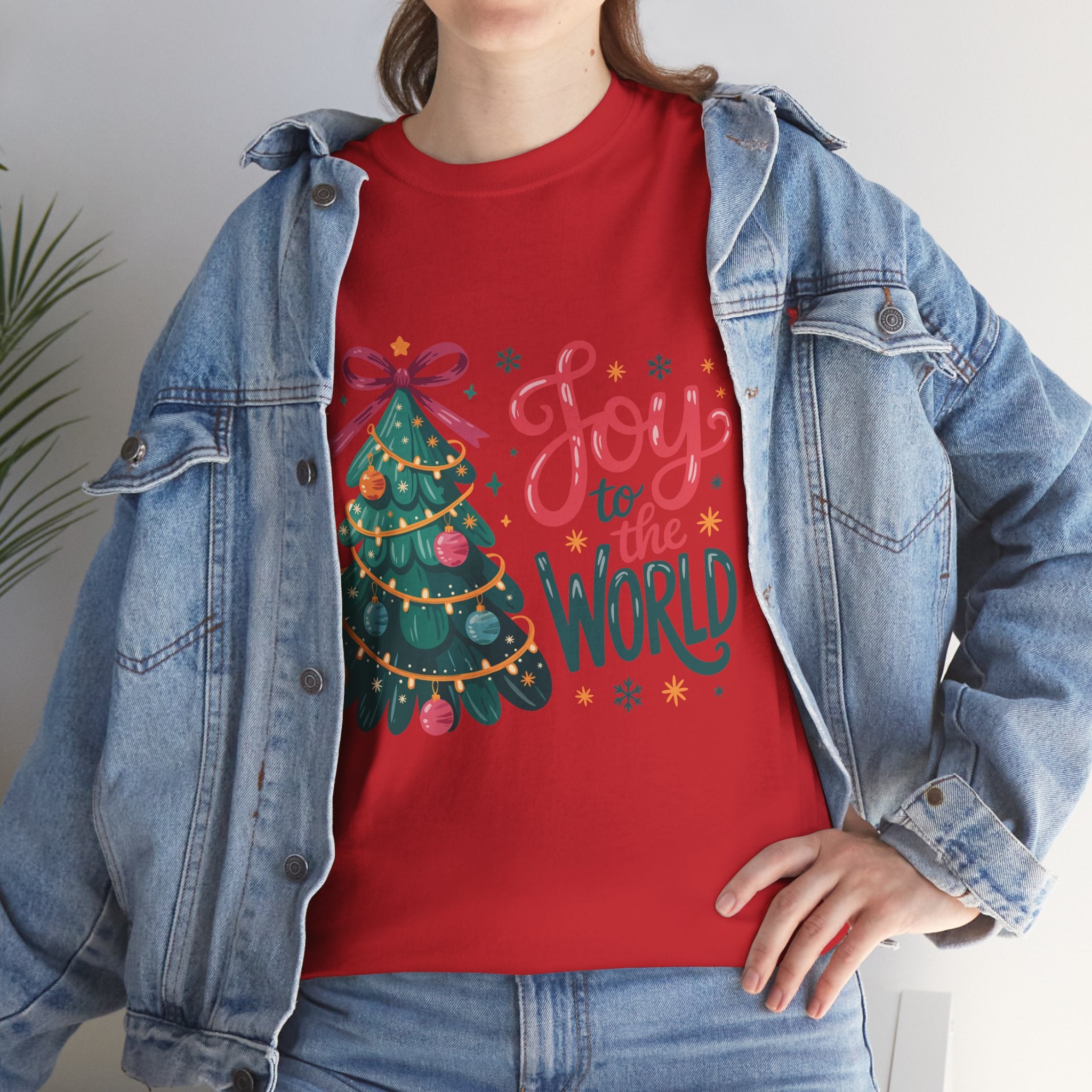 Joy to the World Christmas Tee — Festive Tree with Pink Bow..Unisex Cotton Tee