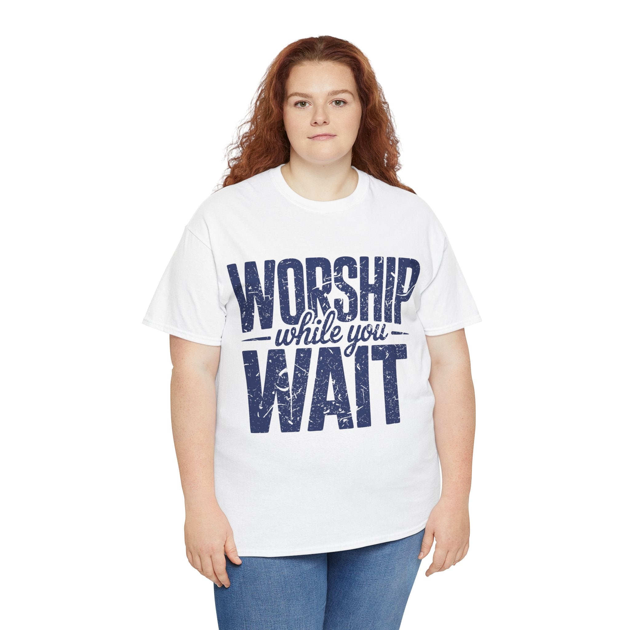 Worship While You Wait T‑Shirt — Distressed Pastel Blue Faith Unisex Cotton Tee