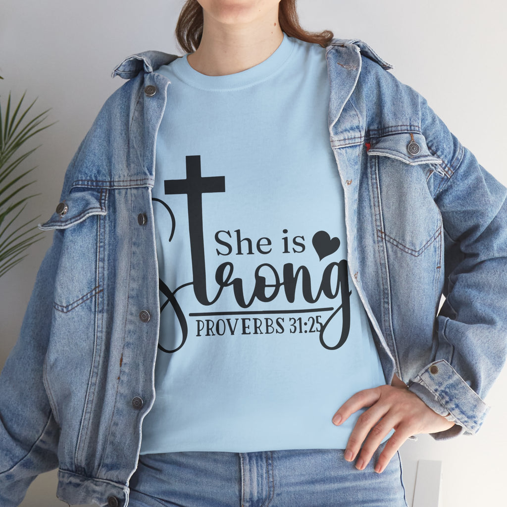 Proverbs 31:25 'She is Strong' T-Shirt – Christian Cross & Heart Unisex Cotton Tee