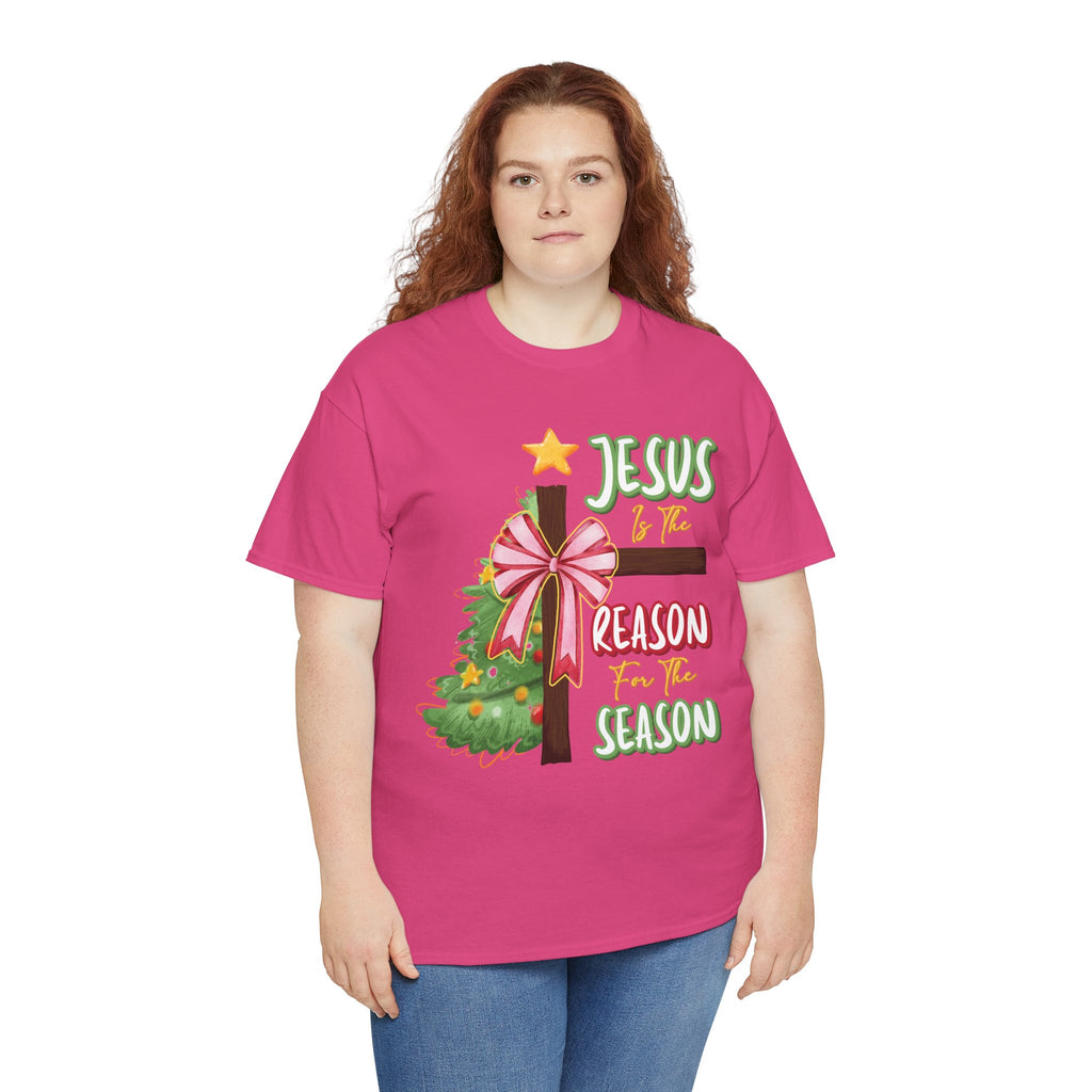 Jesus Is the Reason for the Season Christmas Tee — Cross with Pink Bow & Tree. Unisex Cotton Tee