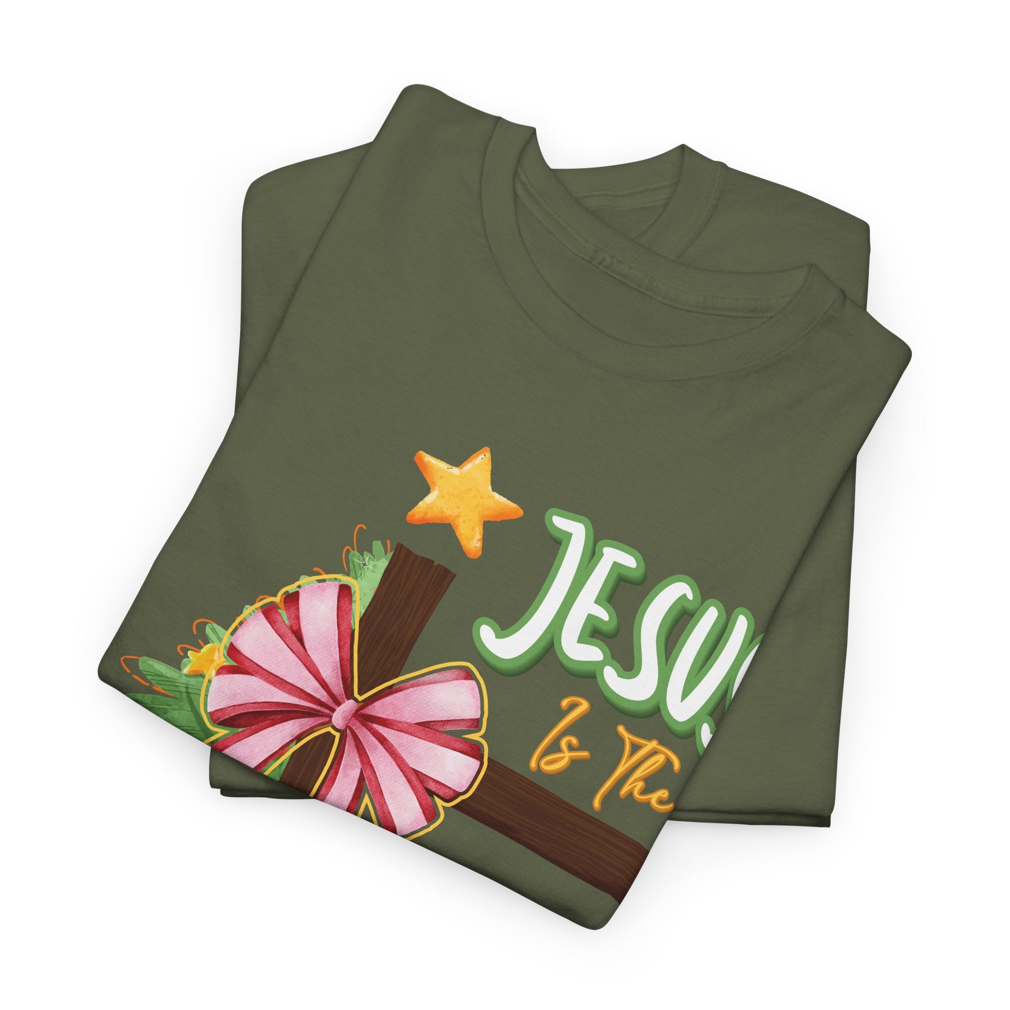 Jesus Is the Reason for the Season Christmas Tee — Cross with Pink Bow & Tree. Unisex Cotton Tee