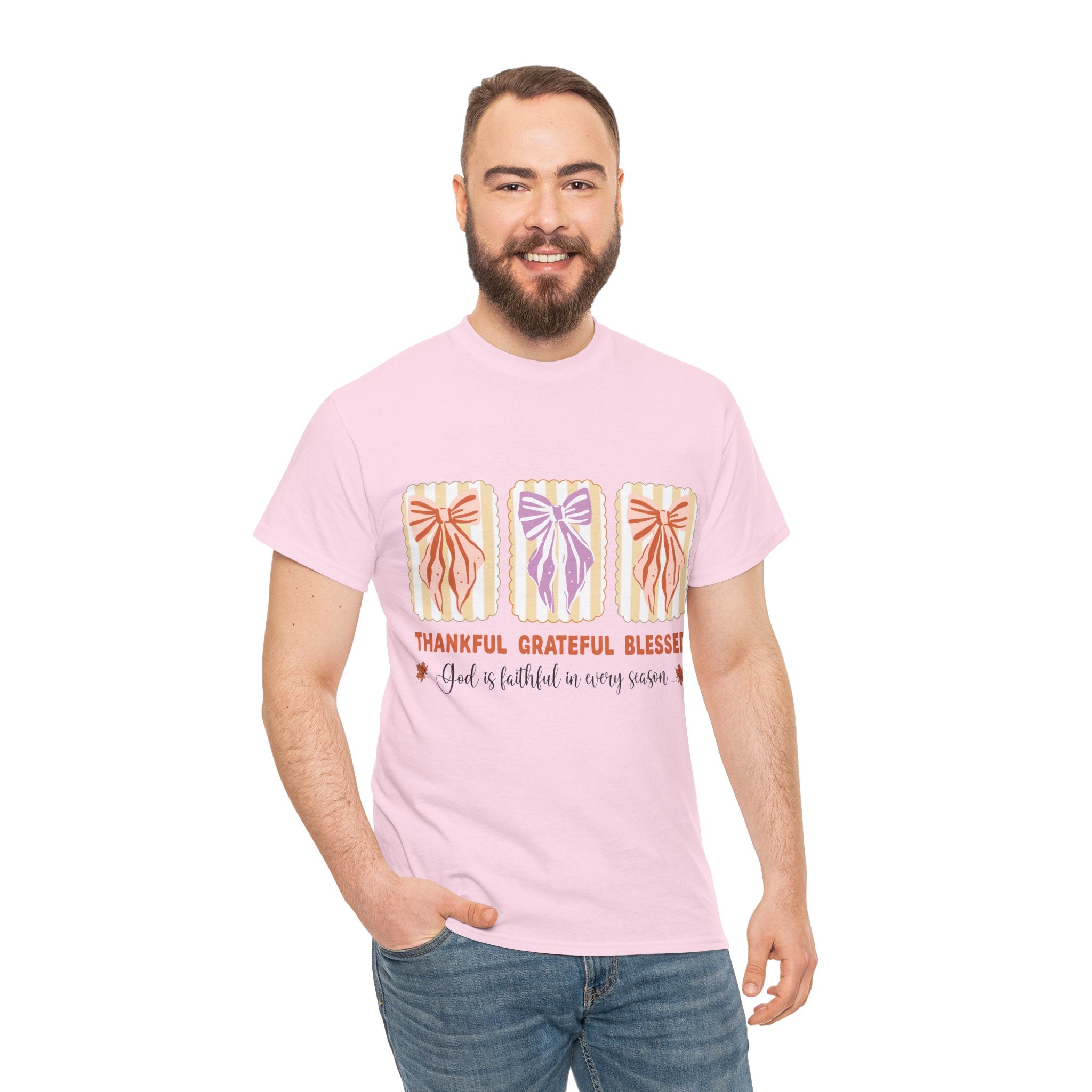 Thankful Grateful Blessed Fall Tee — God Is Faithful Pastel Bows..Unisex Cotton Tee
